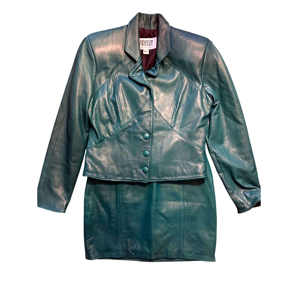 Firenze Santa Barbara Green Leather Jacket Size Medium & Skirt Set Size 8